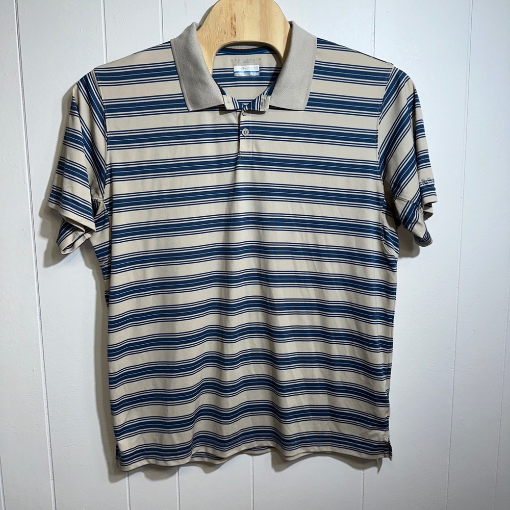 Columbia Mens XXL Omni-Shade Striped Polo Shirt Blue‎ Tan Short Sleeve XM6249